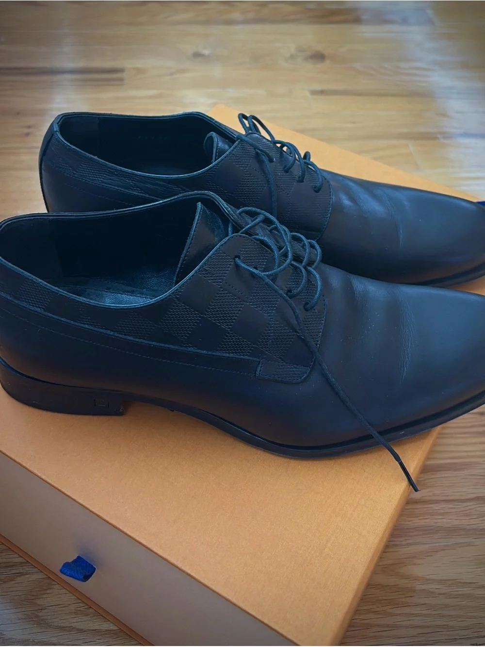 Louis Vuitton Black Derby Dress Shoes with Monogram Check Panels